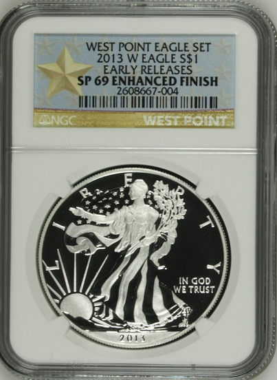 (#157) West Point Eagle Set. 2013-W Eagle S$1. Early Releases. NGC SP69 Enhanced Finish