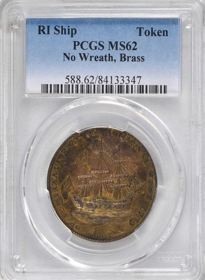 Rhode Island Ship Token. Without Wreath Below Ship. Brass PCGS MS62